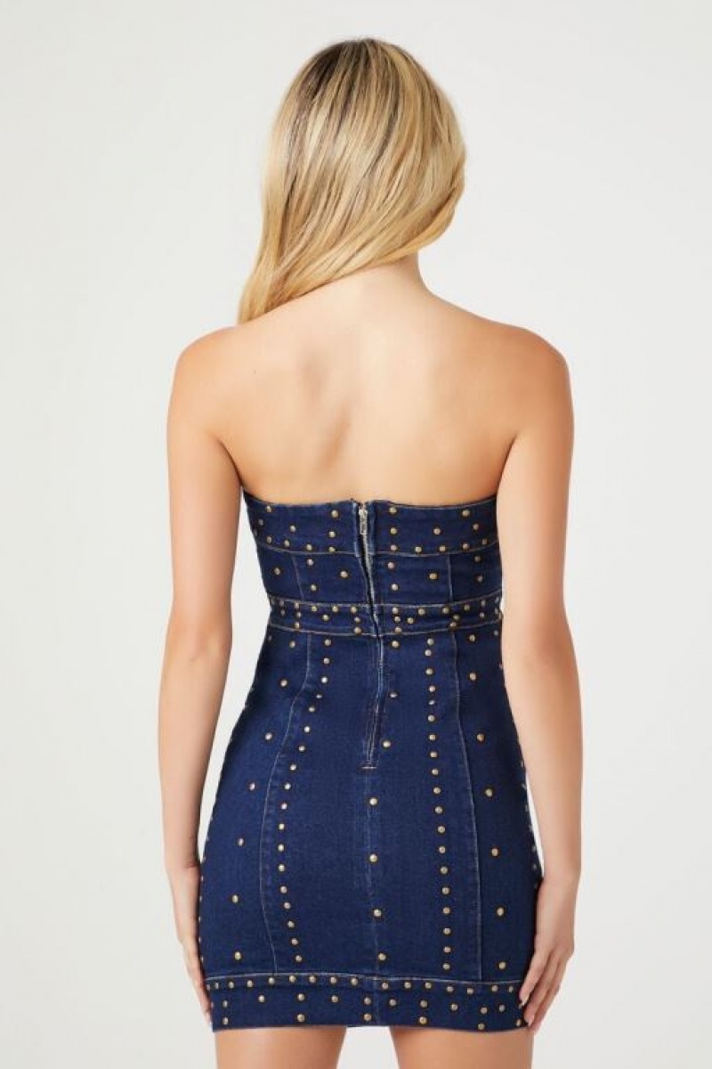 Vestido Forever 21 Studded Denim Tube Mini Mujer Azules Oscuro Doradas | 0NNVf9rxsem