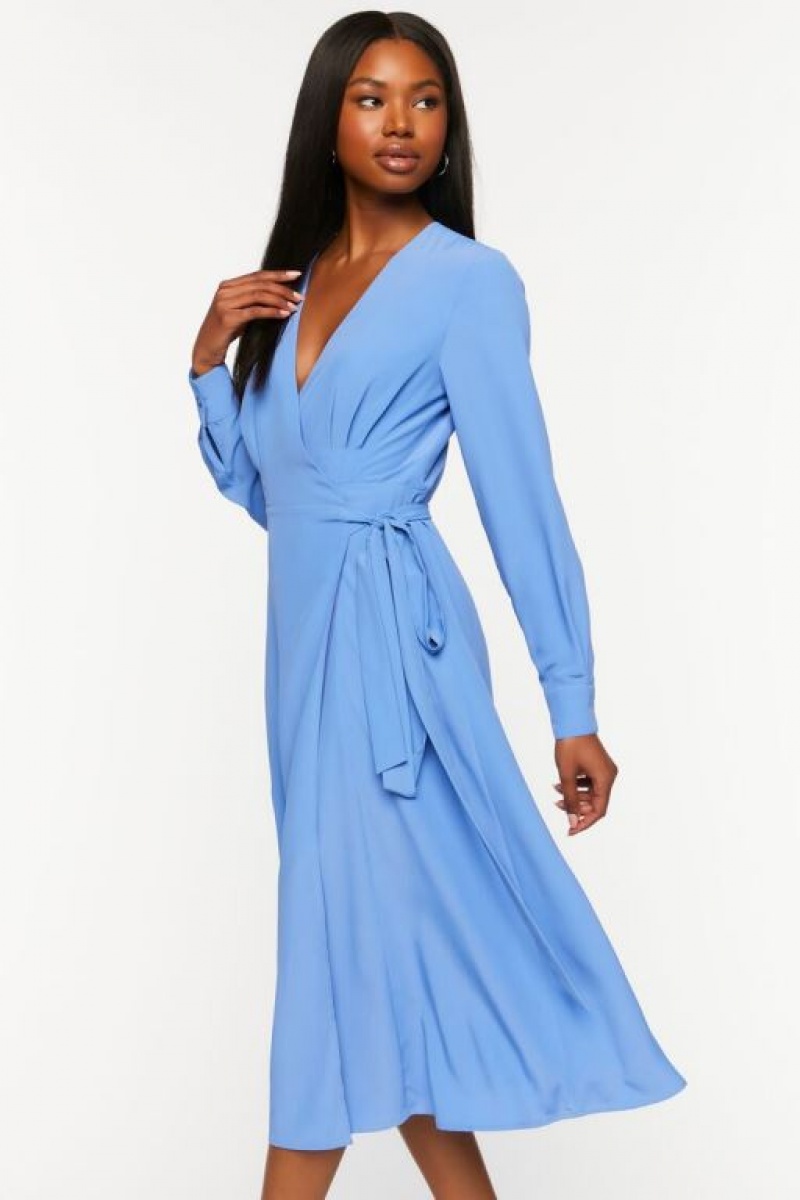 Vestido Forever 21 Surplice Long Sleeve Wrap Midi Mujer Azules | WTiz7CstEUw