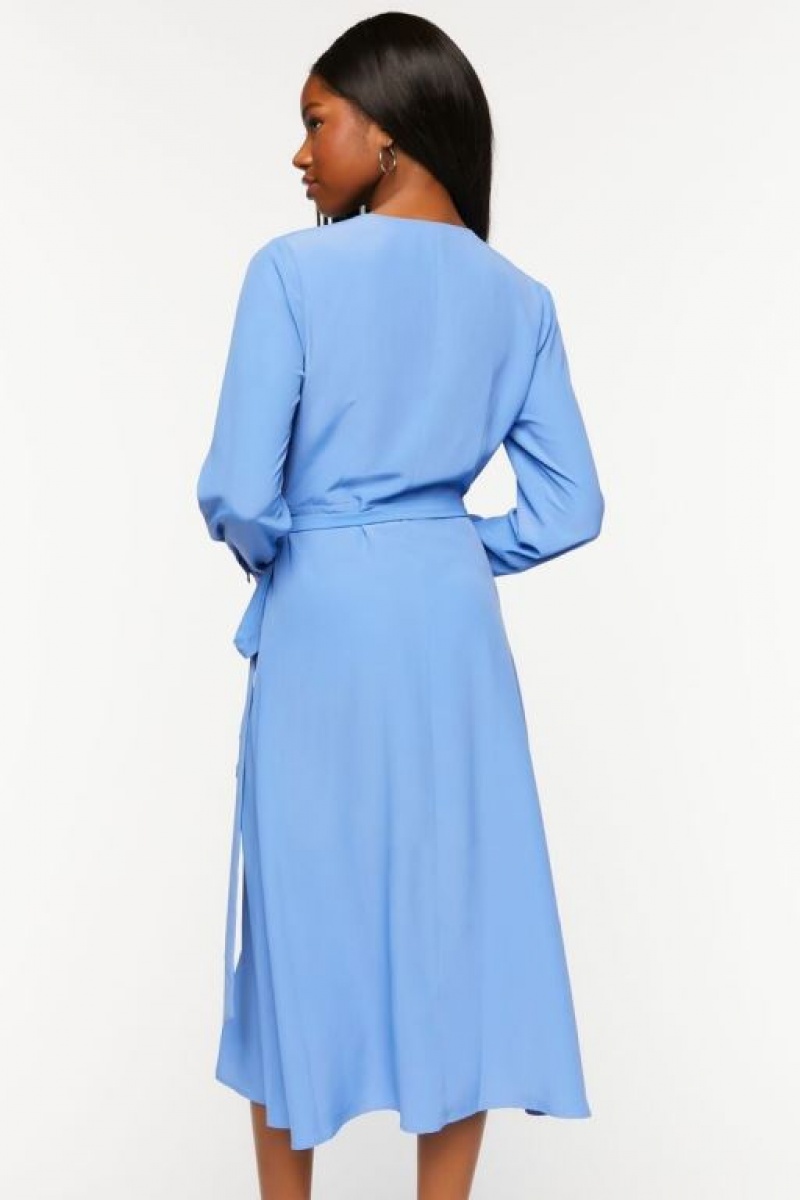 Vestido Forever 21 Surplice Long Sleeve Wrap Midi Mujer Azules | WTiz7CstEUw