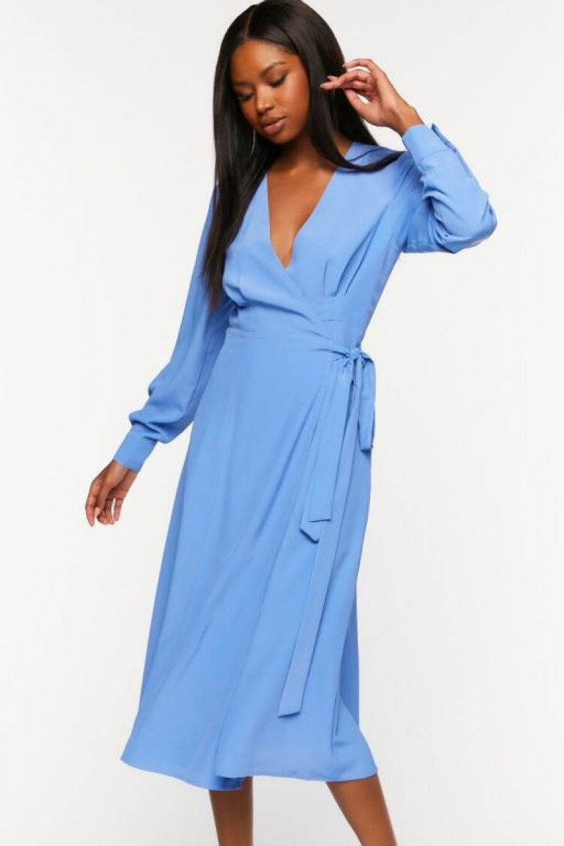 Vestido Forever 21 Surplice Long Sleeve Wrap Midi Mujer Azules | WTiz7CstEUw