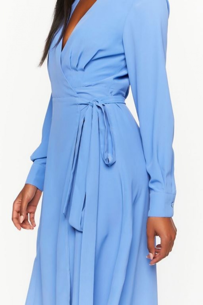 Vestido Forever 21 Surplice Long Sleeve Wrap Midi Mujer Azules | WTiz7CstEUw