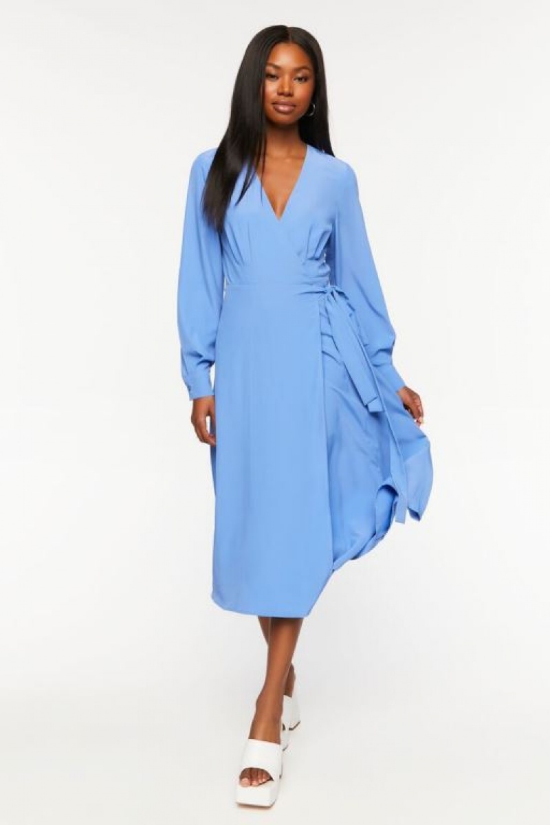 Vestido Forever 21 Surplice Long Sleeve Wrap Midi Mujer Azules | WTiz7CstEUw