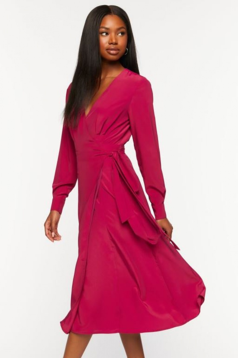 Vestido Forever 21 Surplice Long Sleeve Wrap Midi Mujer Magenta | BSEOmSJCAnX