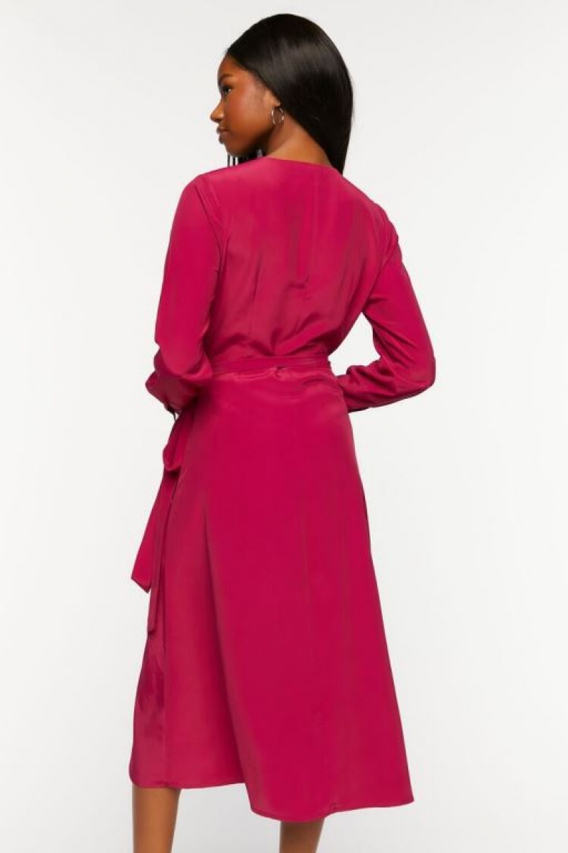 Vestido Forever 21 Surplice Long Sleeve Wrap Midi Mujer Magenta | BSEOmSJCAnX