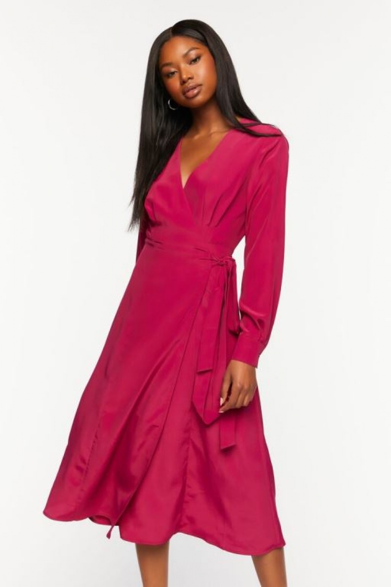 Vestido Forever 21 Surplice Long Sleeve Wrap Midi Mujer Magenta | BSEOmSJCAnX