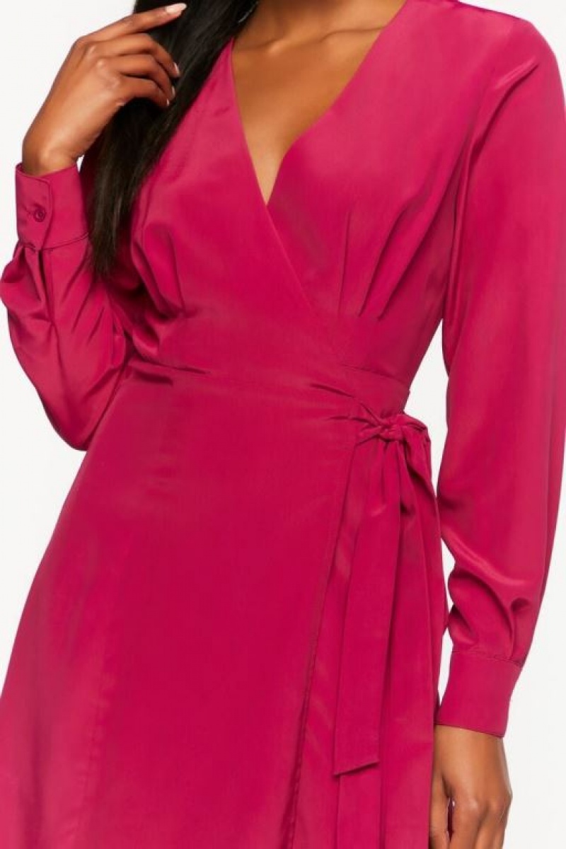 Vestido Forever 21 Surplice Long Sleeve Wrap Midi Mujer Magenta | BSEOmSJCAnX