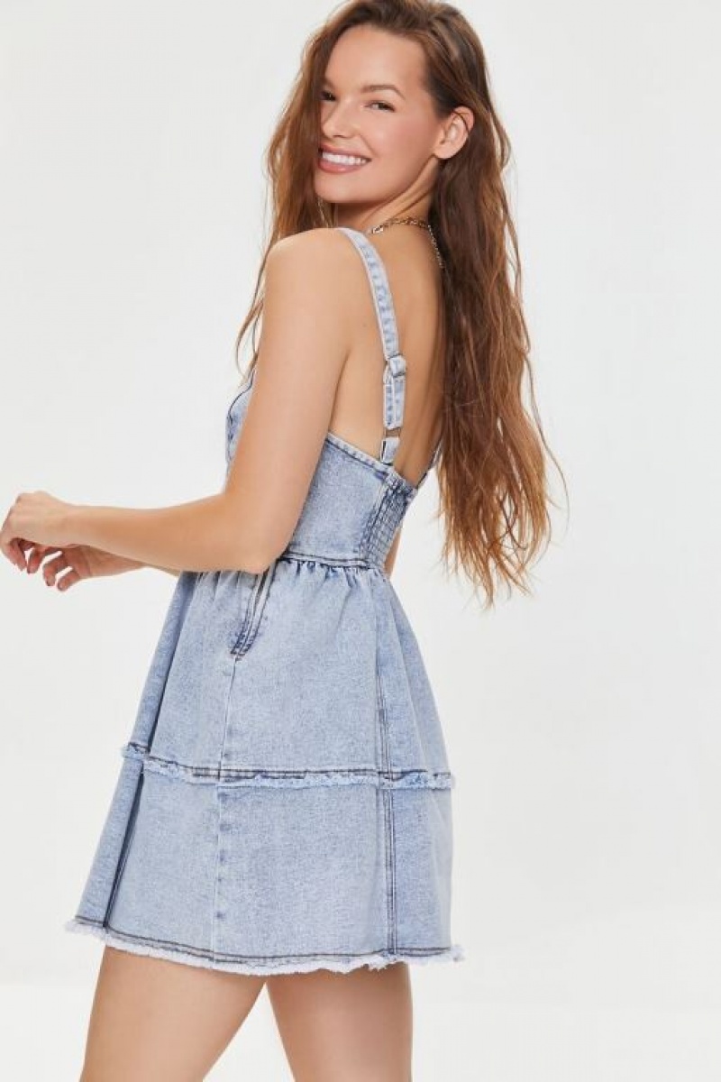 Vestido Forever 21 Sweetheart Denim Mini Mujer Azules Claro | Wq9FCqAPNAM