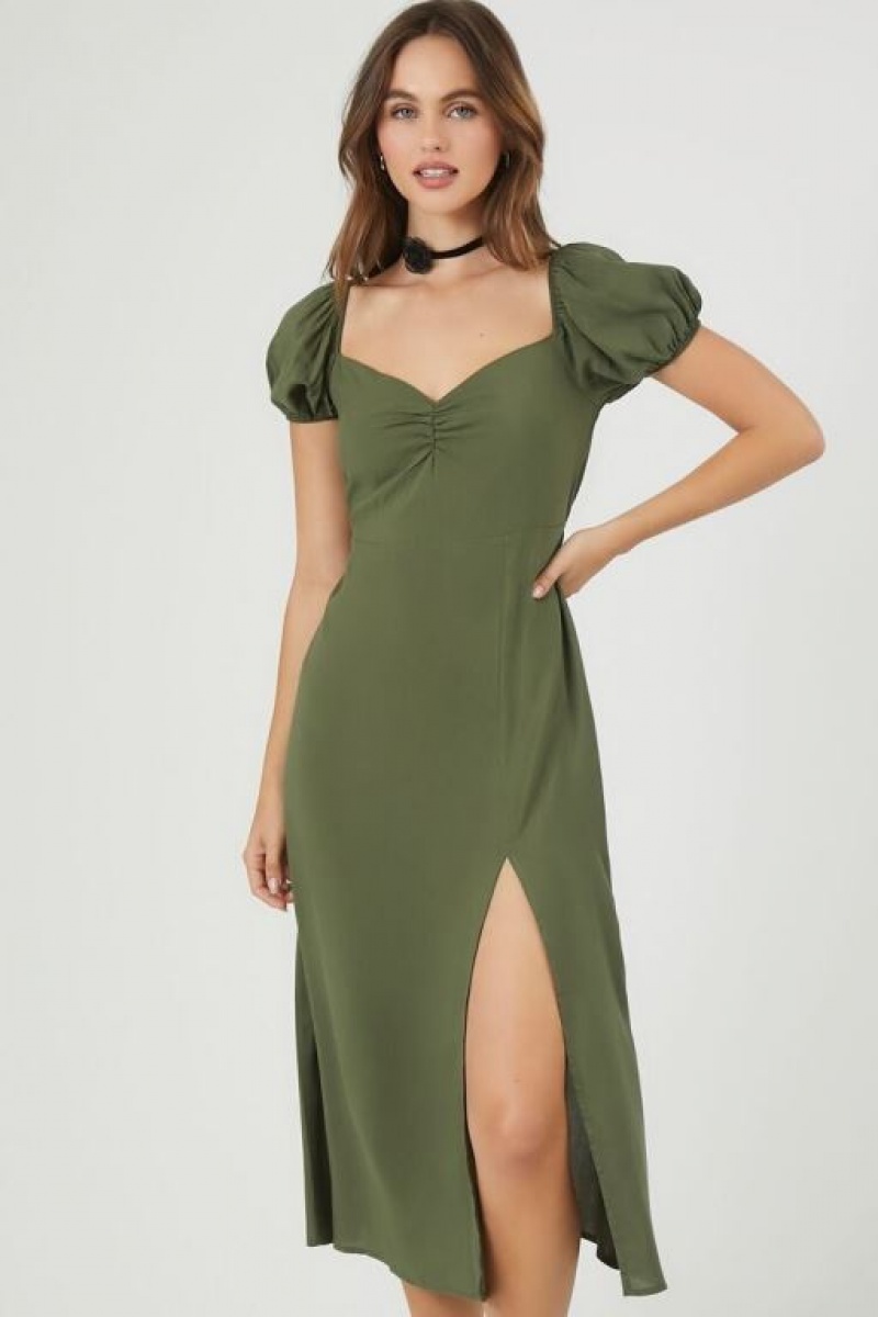 Vestido Forever 21 Sweetheart Lace Up Midi Mujer Verde Oliva | fifTKhpCrA5