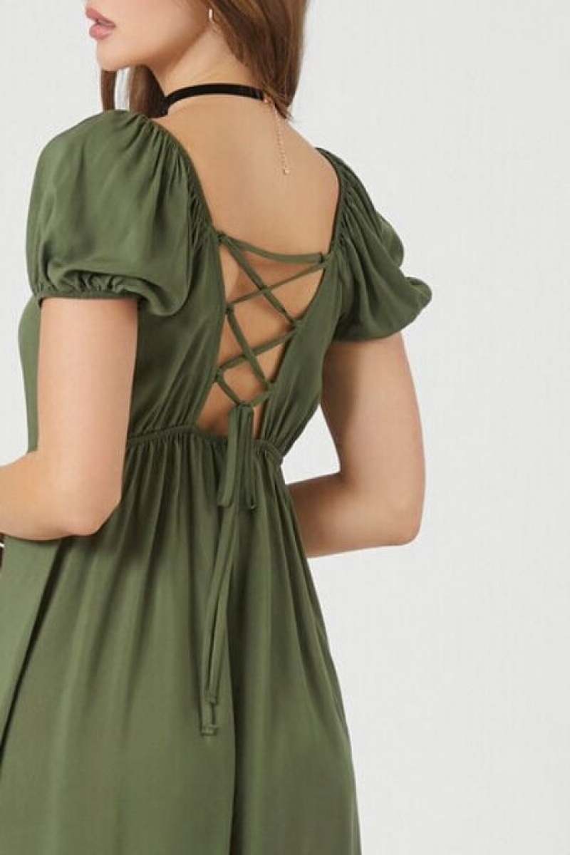 Vestido Forever 21 Sweetheart Lace Up Midi Mujer Verde Oliva | fifTKhpCrA5