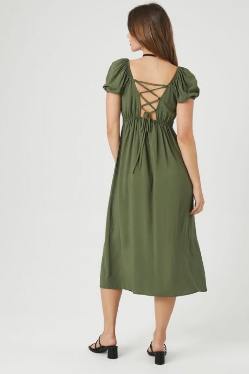 Vestido Forever 21 Sweetheart Lace Up Midi Mujer Verde Oliva | 0IDQf2kTtKy