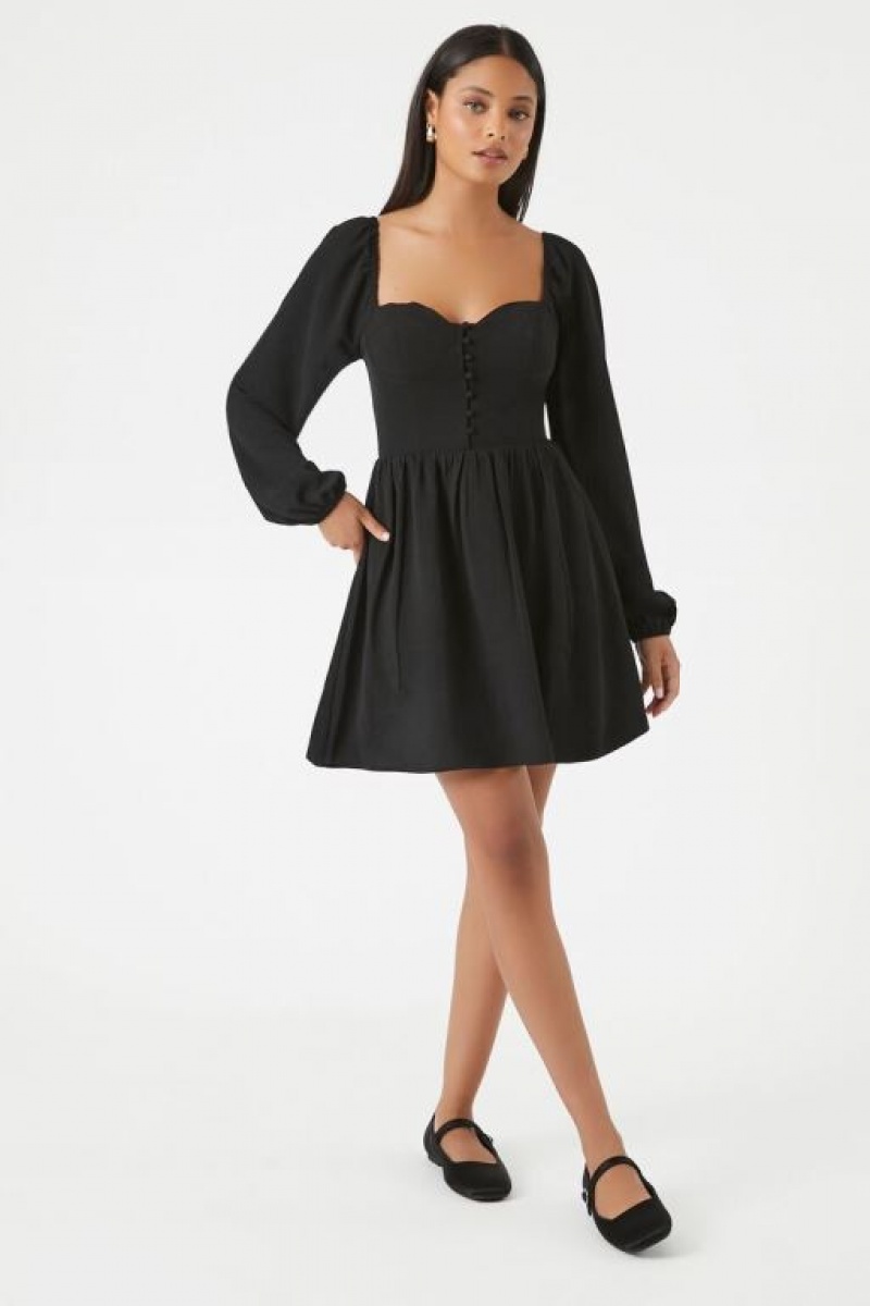 Vestido Forever 21 Sweetheart Peasant Sleeve Mini Mujer Negras | vRadYKiT4T9