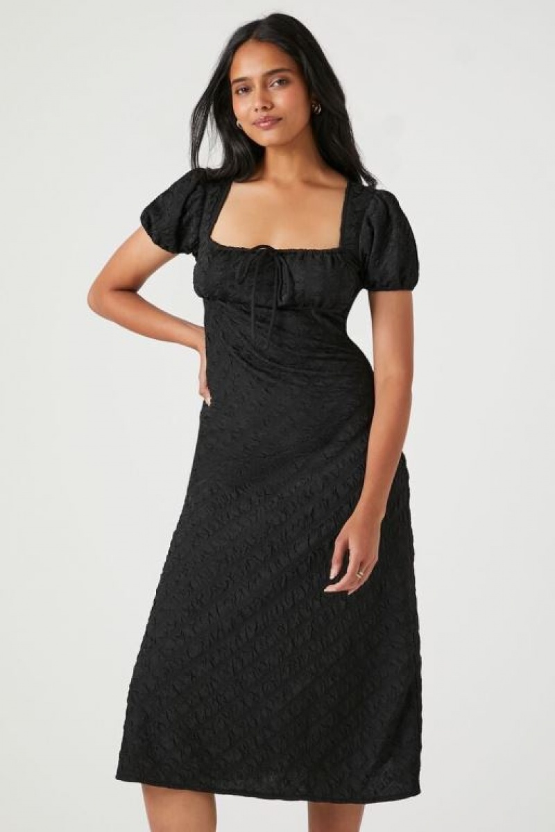 Vestido Forever 21 Textured Puff Sleeve Midi Mujer Negras | ScawuSomZQu