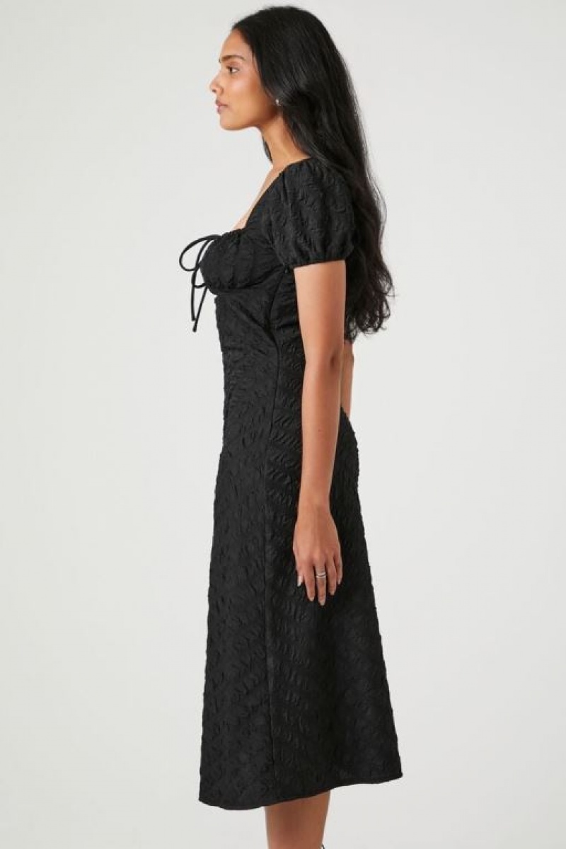 Vestido Forever 21 Textured Puff Sleeve Midi Mujer Negras | ScawuSomZQu