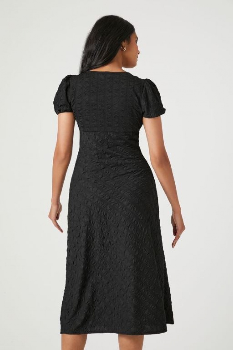 Vestido Forever 21 Textured Puff Sleeve Midi Mujer Negras | ScawuSomZQu