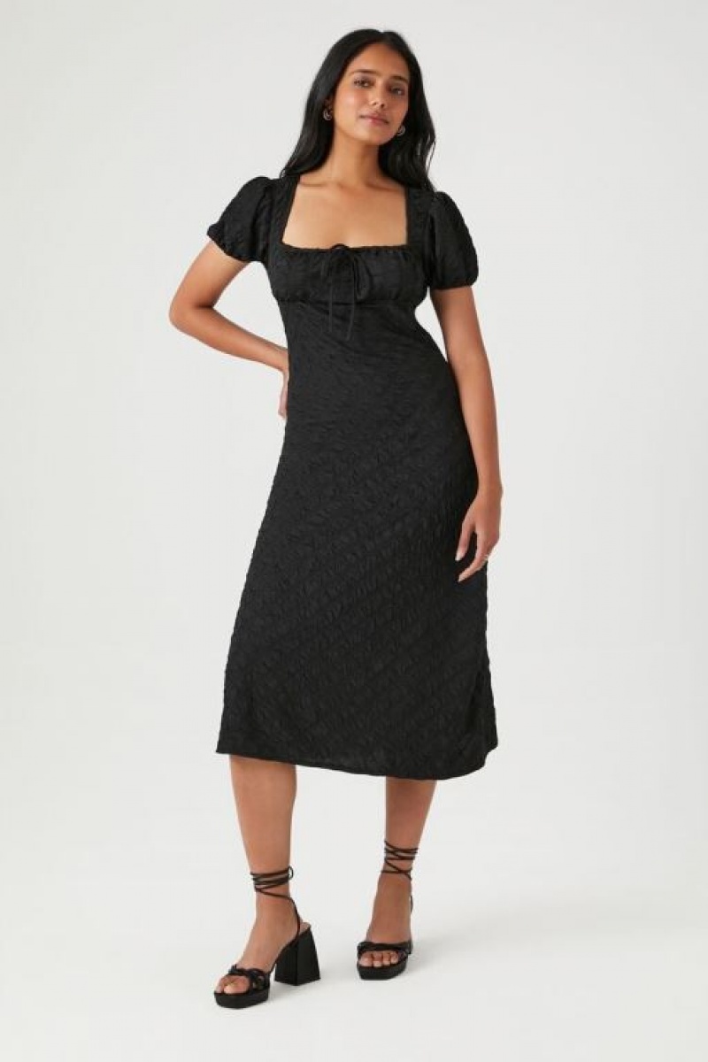 Vestido Forever 21 Textured Puff Sleeve Midi Mujer Negras | ScawuSomZQu