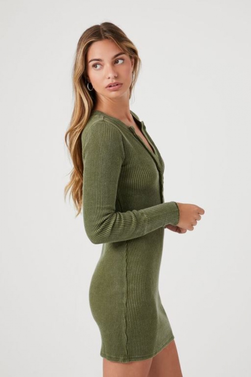 Vestido Forever 21 Thermal Button Front Bodycon Mujer Gris Verde | KjW1GCNmIg2