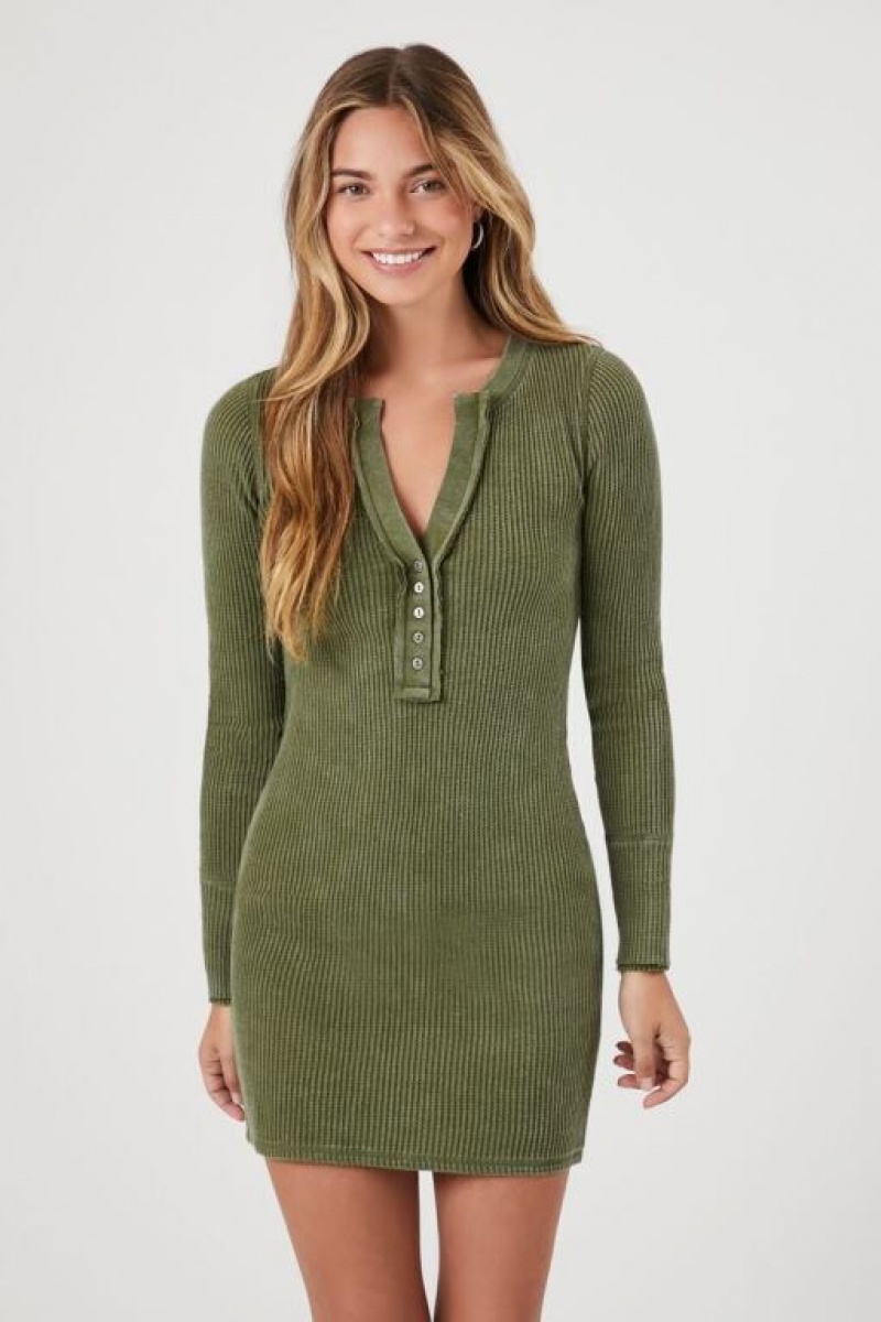 Vestido Forever 21 Thermal Button Front Bodycon Mujer Gris Verde | KjW1GCNmIg2