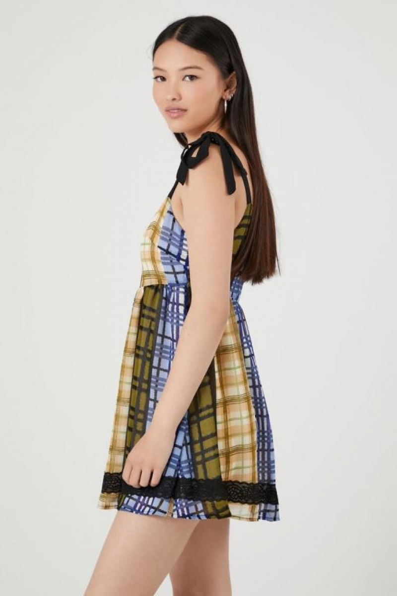 Vestido Forever 21 Tie Strap Plaid Mini Mujer Azules Multicolor | R0XOFvUMNGF