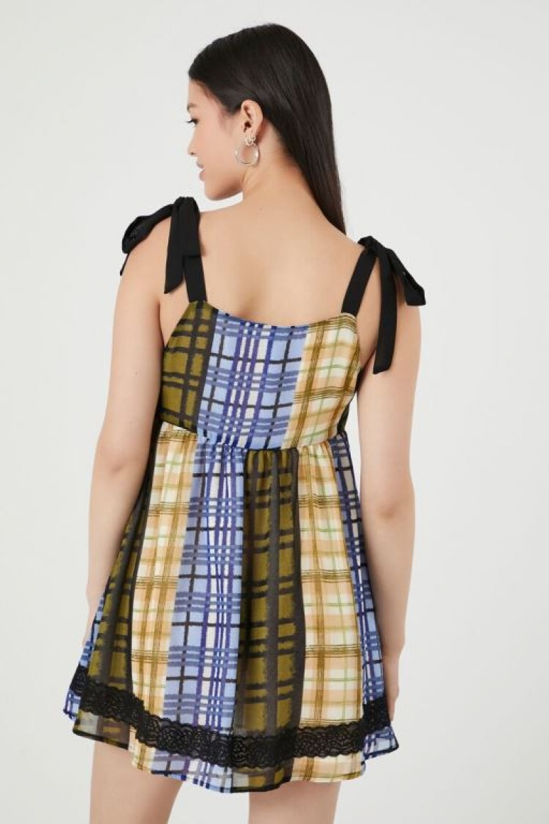 Vestido Forever 21 Tie Strap Plaid Mini Mujer Azules Multicolor | R0XOFvUMNGF