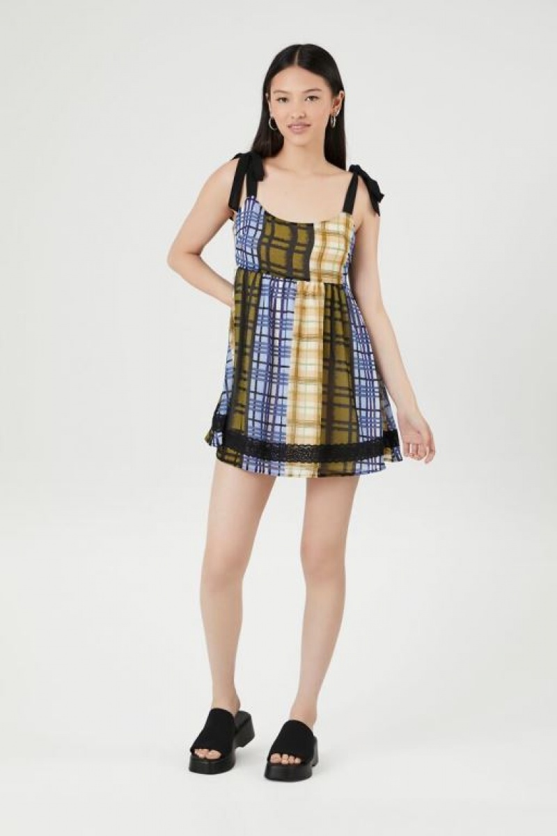 Vestido Forever 21 Tie Strap Plaid Mini Mujer Azules Multicolor | R0XOFvUMNGF