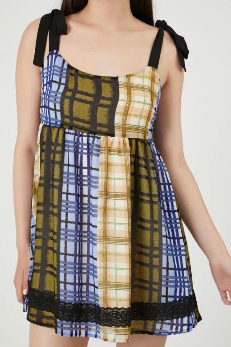 Vestido Forever 21 Tie Strap Plaid Mini Mujer Azules Multicolor | R0XOFvUMNGF