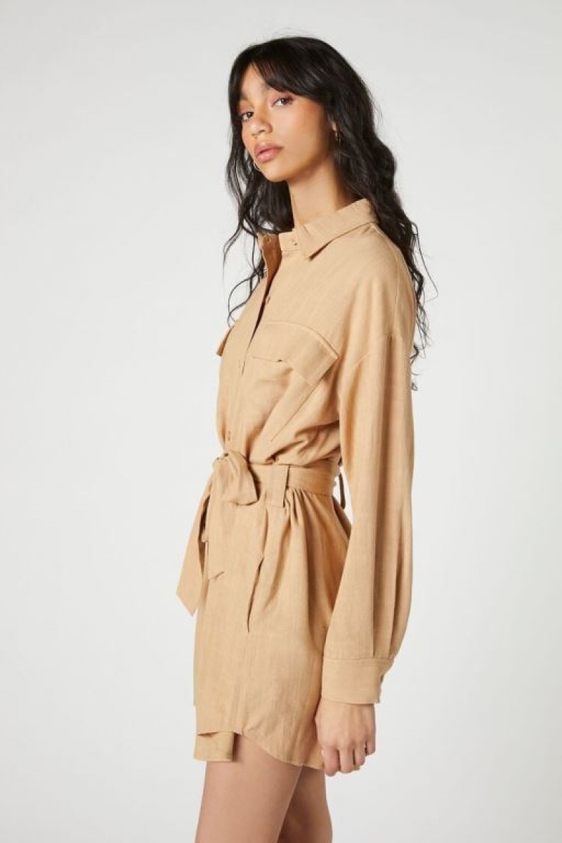 Vestido Forever 21 Tie Waist Mini Mujer Beige | EJI4vtkc9iP