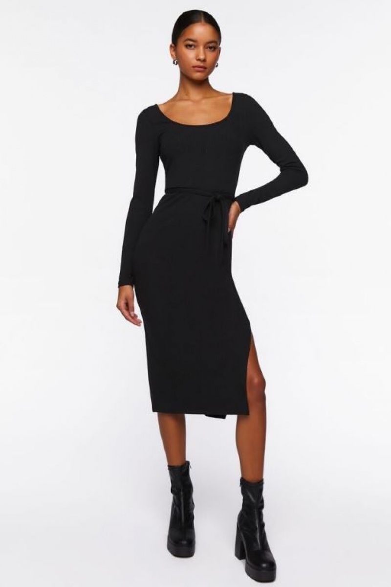 Vestido Forever 21 Tie Waist Slit Midi Mujer Negras | sYSD3nrl2Xi