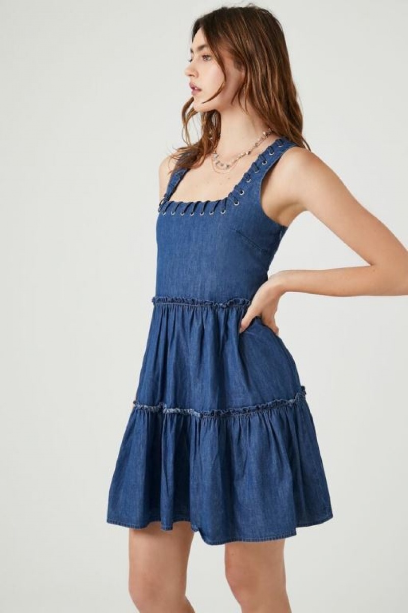 Vestido Forever 21 Tiered Denim Mini Mujer Azules | wmcWoxc4M40