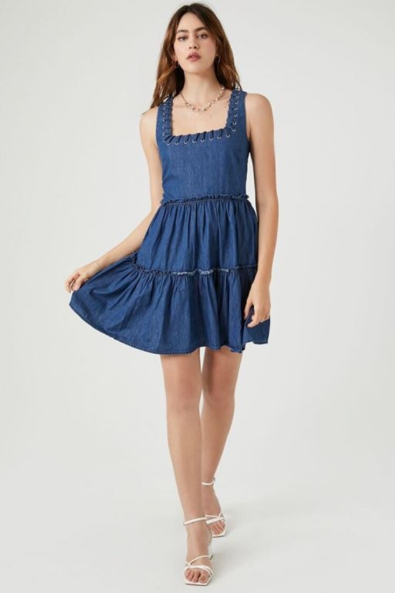 Vestido Forever 21 Tiered Denim Mini Mujer Azules | wmcWoxc4M40