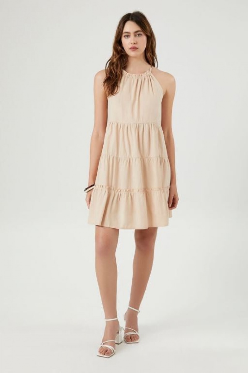 Vestido Forever 21 Tiered Halter Shift Mini Mujer Beige | PjdpcBIKwIG