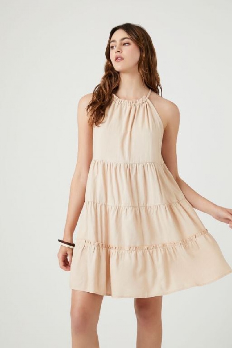 Vestido Forever 21 Tiered Halter Shift Mini Mujer Beige | PjdpcBIKwIG