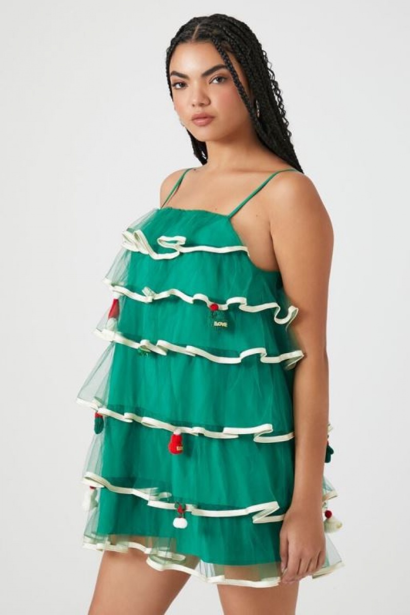 Vestido Forever 21 Tiered Mesh Christmas Tree Mujer Verde Multicolor | N802WkeTE93