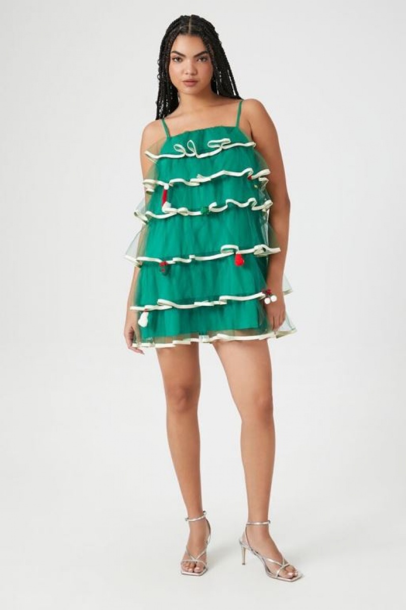 Vestido Forever 21 Tiered Mesh Christmas Tree Mujer Verde Multicolor | N802WkeTE93