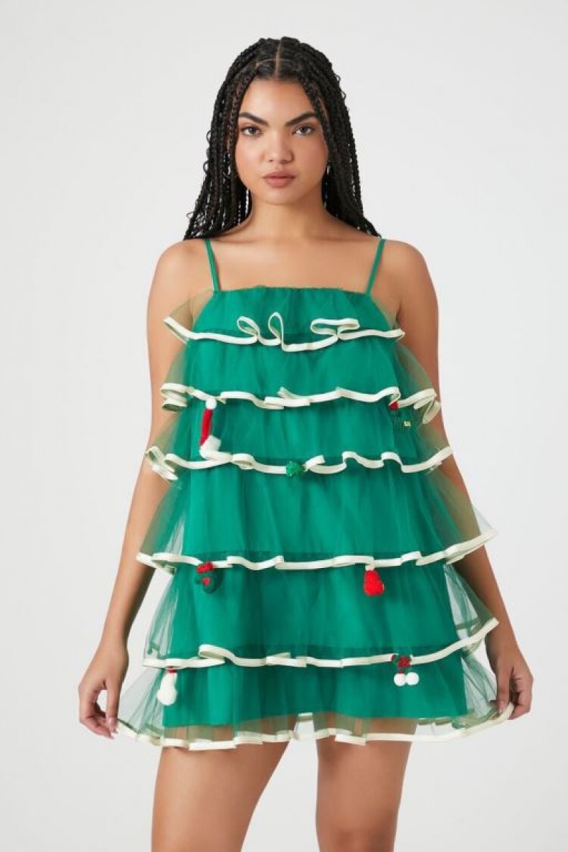 Vestido Forever 21 Tiered Mesh Christmas Tree Mujer Verde Multicolor | N802WkeTE93