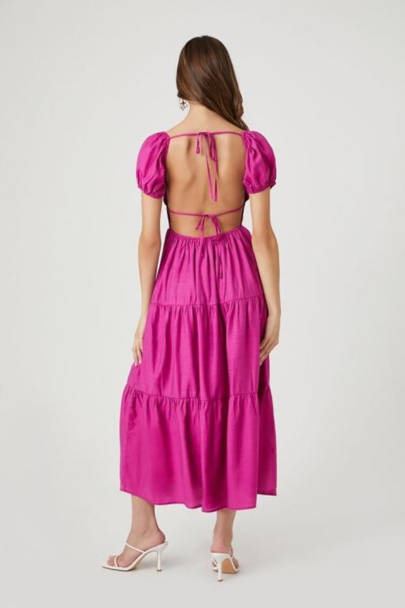 Vestido Forever 21 Tiered Open Back Midi Mujer Fucsia Moradas | yN1ibJCwbpH