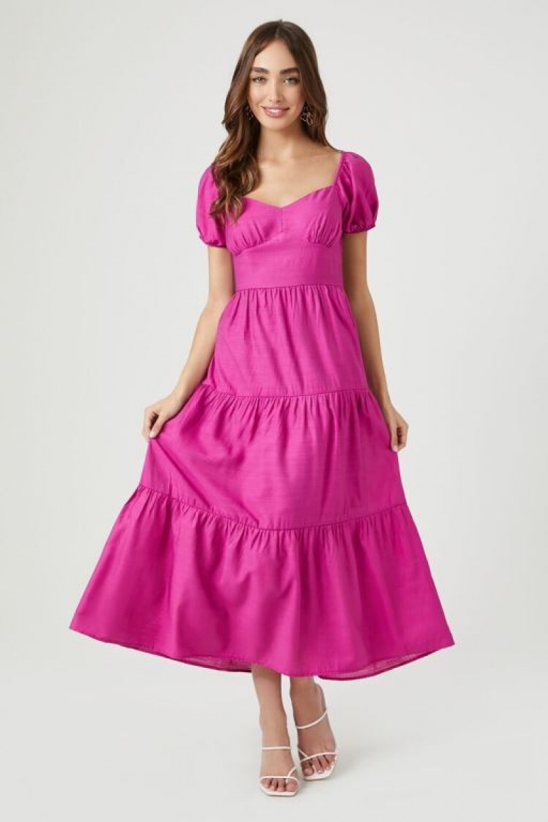 Vestido Forever 21 Tiered Open Back Midi Mujer Fucsia Moradas | yN1ibJCwbpH