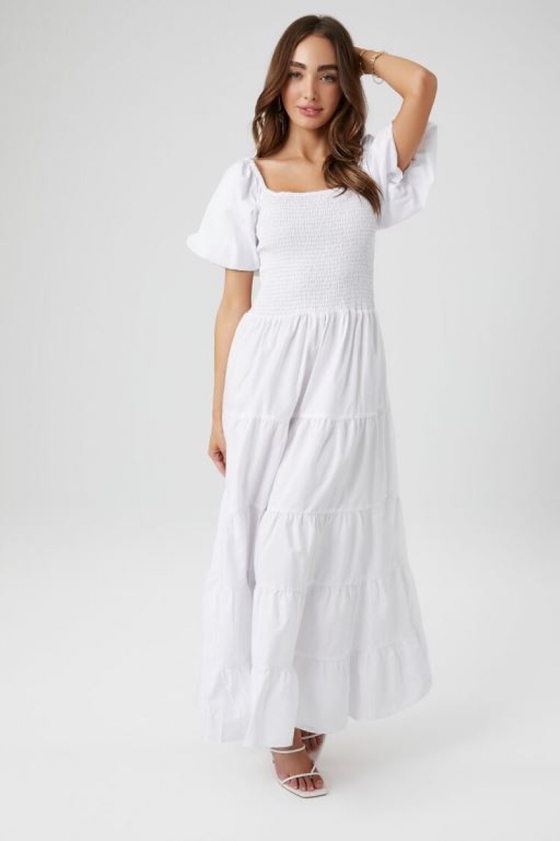 Vestido Forever 21 Tiered Puff Sleeve Maxi Mujer Blancas | joJAvsd2cMg