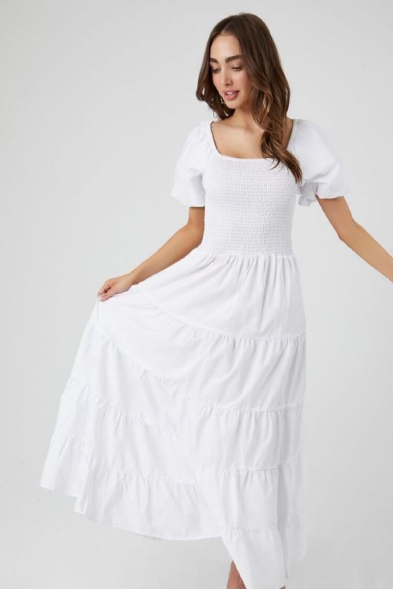 Vestido Forever 21 Tiered Puff Sleeve Maxi Mujer Blancas | joJAvsd2cMg