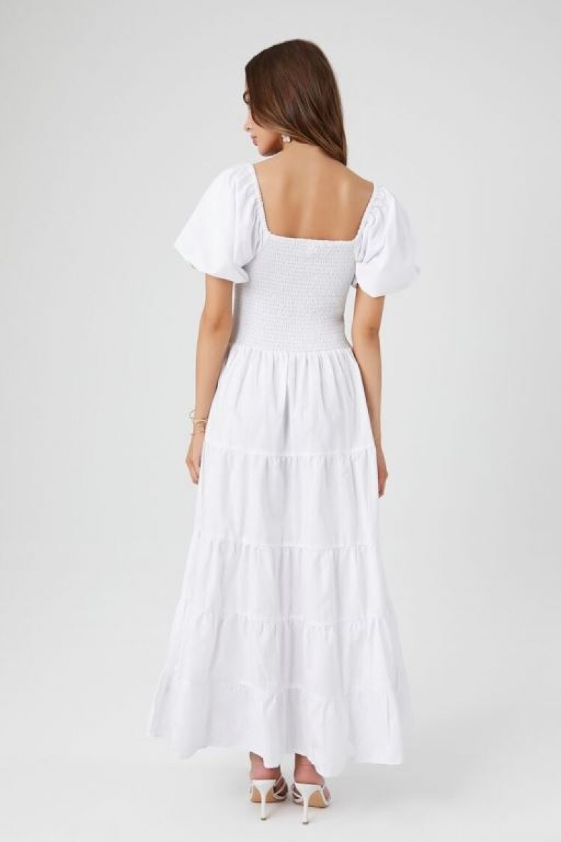 Vestido Forever 21 Tiered Puff Sleeve Maxi Mujer Blancas | NQORTJOxYAY