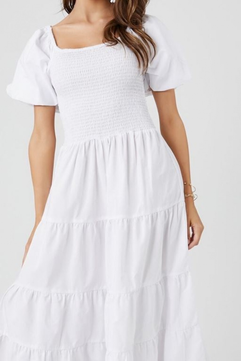 Vestido Forever 21 Tiered Puff Sleeve Maxi Mujer Blancas | NQORTJOxYAY