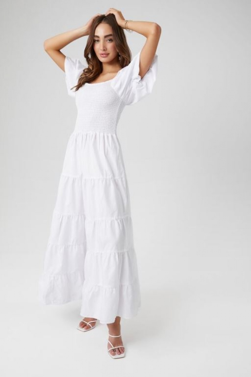 Vestido Forever 21 Tiered Puff Sleeve Maxi Mujer Blancas | NQORTJOxYAY