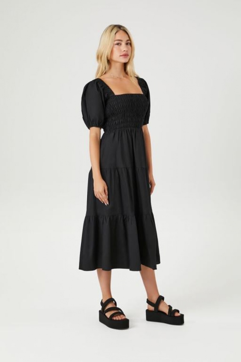 Vestido Forever 21 Tiered Puff Sleeve Midi Mujer Negras | 8DTLrDKED14