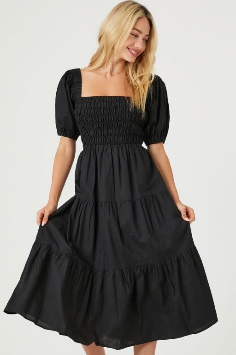 Vestido Forever 21 Tiered Puff Sleeve Midi Mujer Negras | 8DTLrDKED14