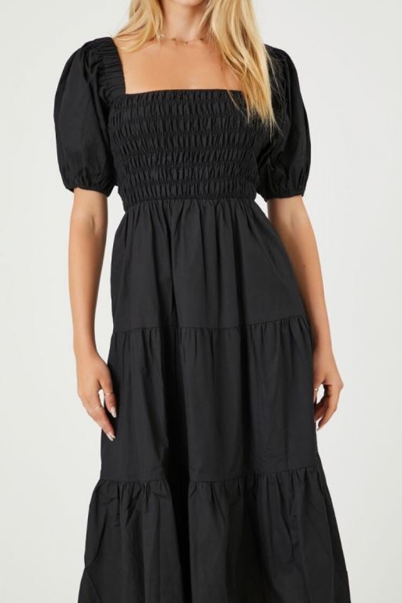 Vestido Forever 21 Tiered Puff Sleeve Midi Mujer Negras | 8DTLrDKED14