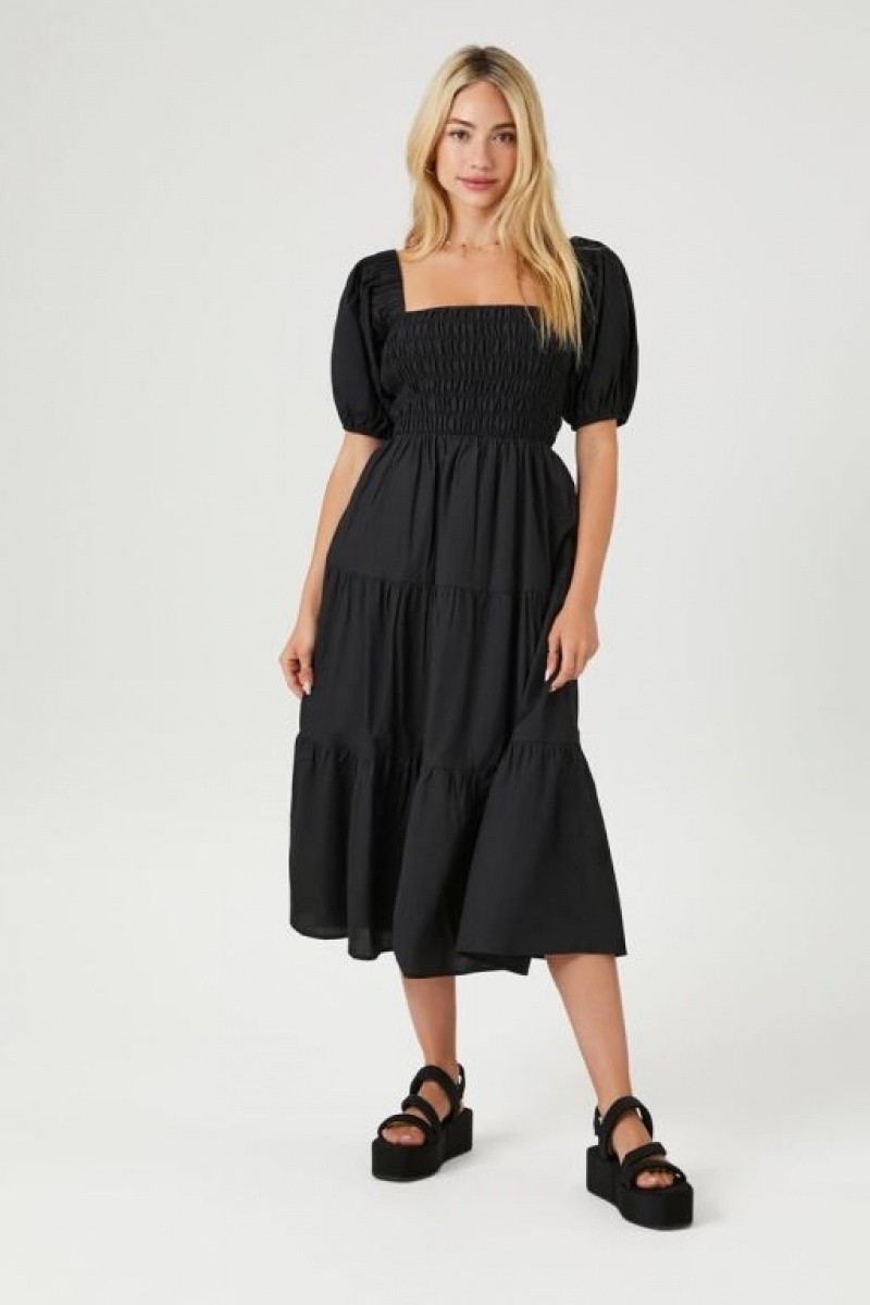 Vestido Forever 21 Tiered Puff Sleeve Midi Mujer Negras | 8DTLrDKED14