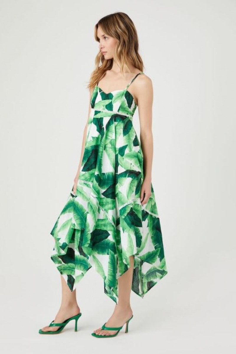 Vestido Forever 21 Tropical Leaf Handkerchief Midi Mujer Verde Multicolor | 8ULdeHKHuG0