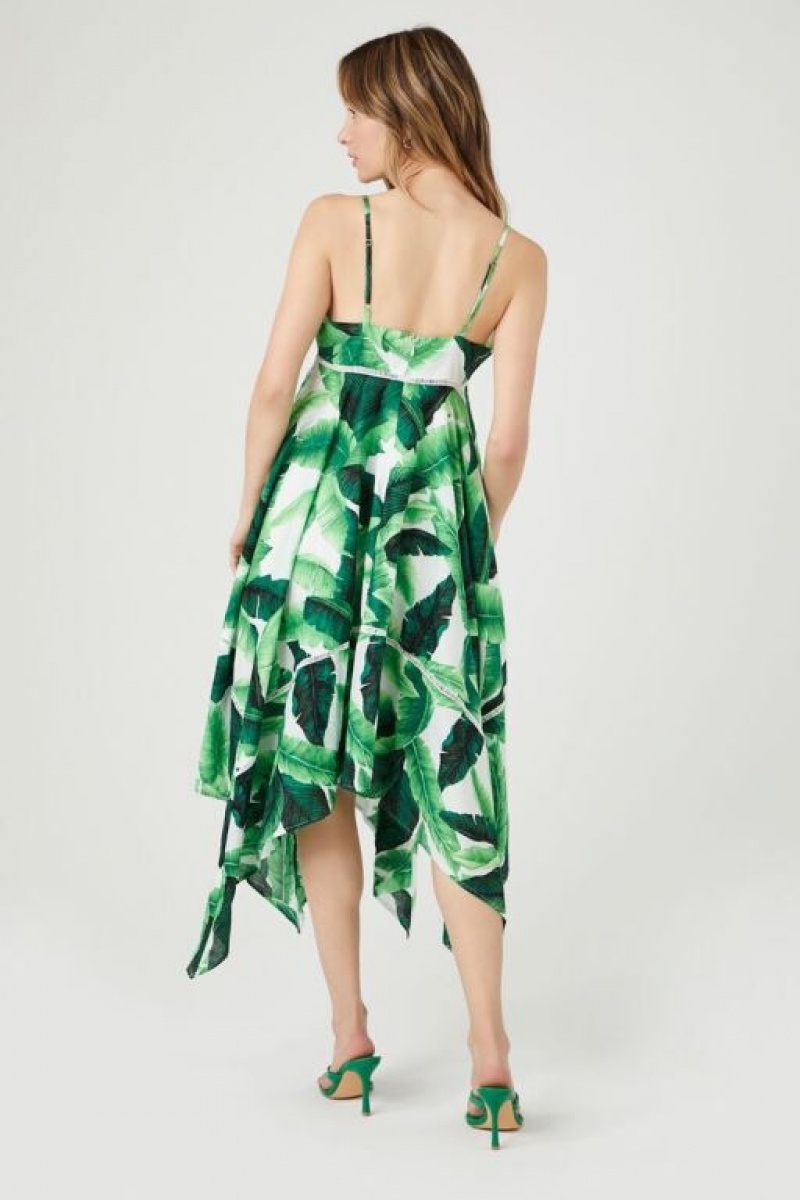 Vestido Forever 21 Tropical Leaf Handkerchief Midi Mujer Verde Multicolor | 8ULdeHKHuG0