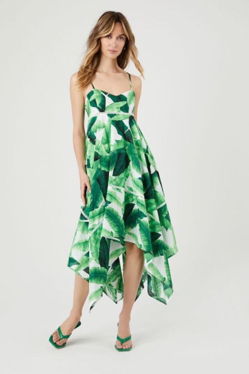 Vestido Forever 21 Tropical Leaf Handkerchief Midi Mujer Verde Multicolor | 8ULdeHKHuG0