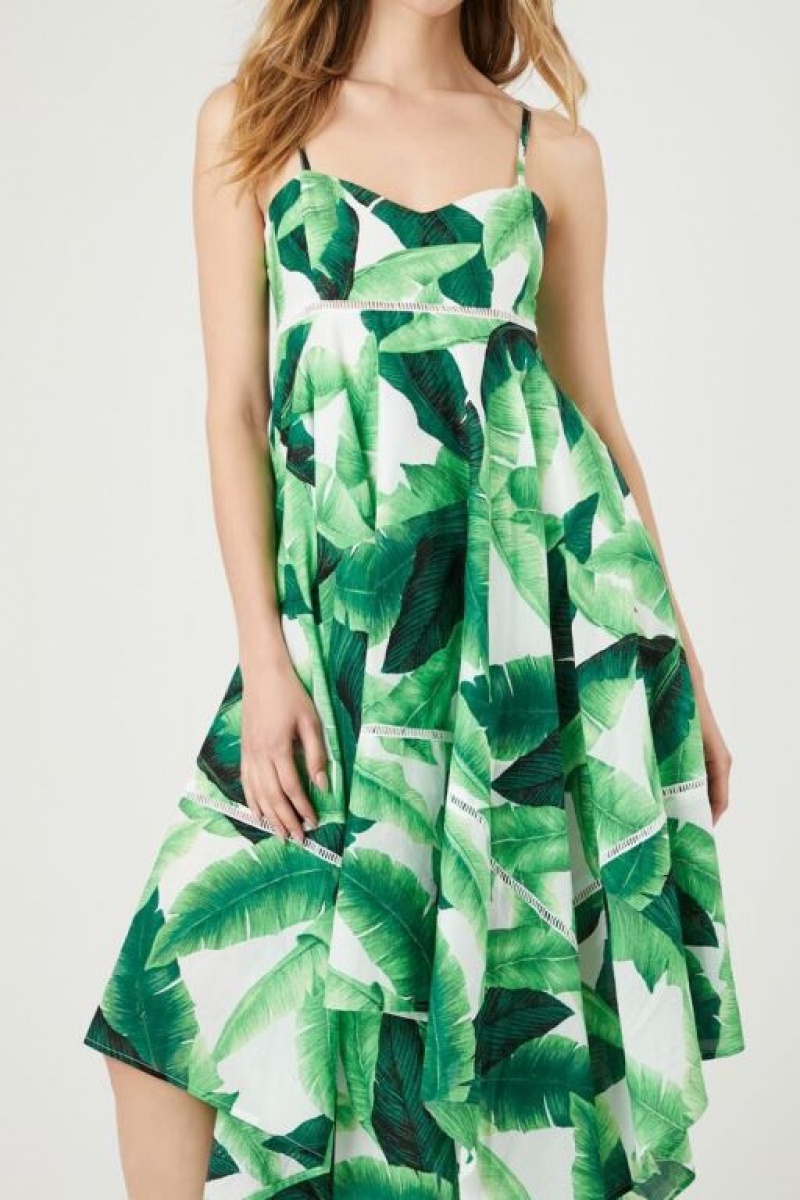 Vestido Forever 21 Tropical Leaf Handkerchief Midi Mujer Verde Multicolor | 8ULdeHKHuG0