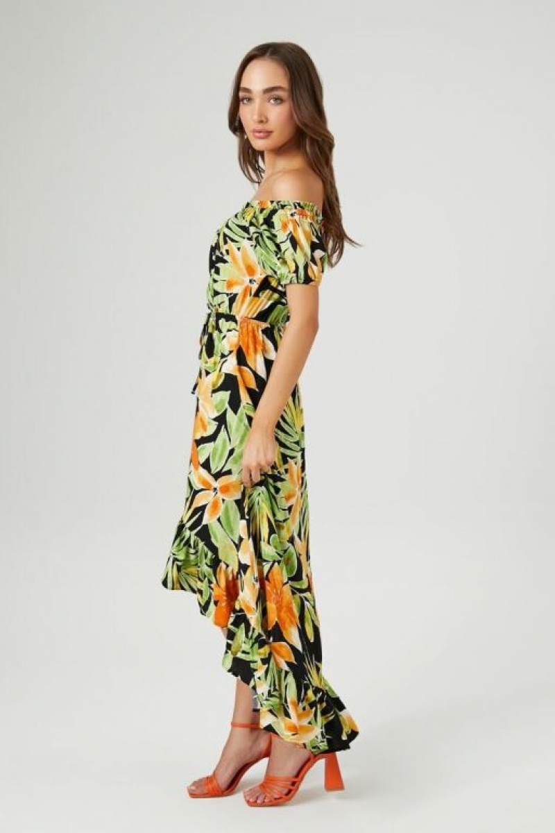 Vestido Forever 21 Tropical Off The Shoulder Maxi Mujer Negras Multicolor | SZVbpL0Erwi